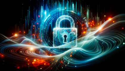 Poster - Cyber security concept with glowing lines and padlock on dark background. Generative AI