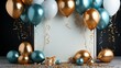 Blue and golden balloons with golden bow on white background