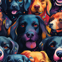 Wall Mural - seamless pattern with multicolored dog faces on bright black modern background for decoration