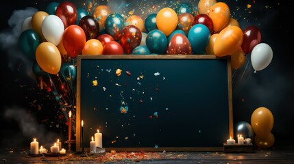 Blank chalkboard with colorful balloons, candles and confetti on dark background