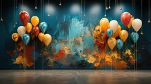 Golden, Blue, Red And White Balloons With Blue Painted Background