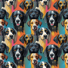 Wall Mural - seamless pattern with dog faces on blue background in pop art style