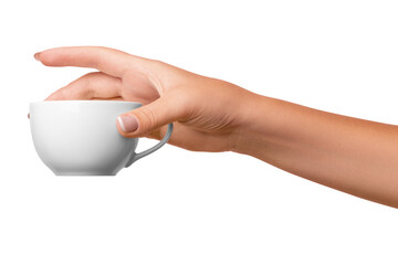 Wall Mural - A woman's hand holds a white cup. on isolated transparent background