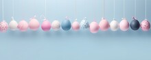 Easter Eggs Hanging On A Blue Banner With Text, Dark White And Pink, Mixes Realistic And Fantastical Elements, Contrasting