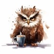 Illustration of an extremely annoyed owl with coffee mug in front of him