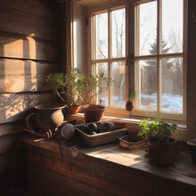 Morning Sun Filters Through Log Cabin Window, Small Potted Plants Sit On Window Sill 