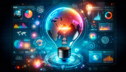 Poster - Glowing light bulb with world map and business icons on dark background. Generative AI
