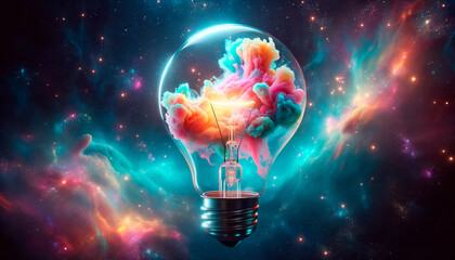 Poster - Lightbulb with colorful smoke inside against space background. Inspiration and imagination concept. Generative AI