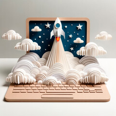 Aufkleber - Paper art-style rocket launch from a laptop, modern and creative. Generative AI