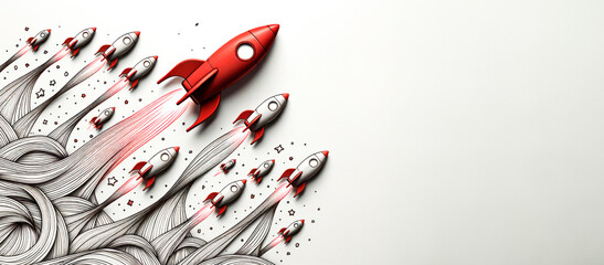 Aufkleber - Red rockets soaring upwards in a hand-drawn style, mockup. Generative AI