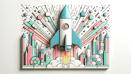 Aufkleber - Rocket launch from a creative cityscape on laptop. Generative AI