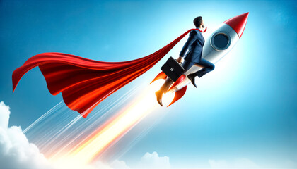 Poster - Dynamic businessman on rocket launch, career takeoff. Generative AI