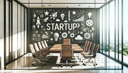 Aufkleber - Innovative business meeting room with startup sketch. Generative AI