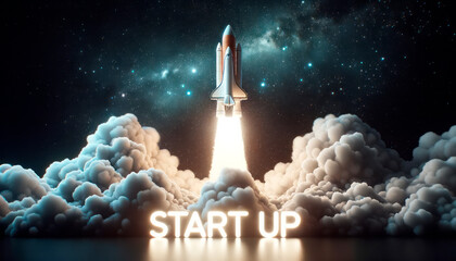 Poster - Shuttle launch over clouds with glowing START UP sign, Generative AI