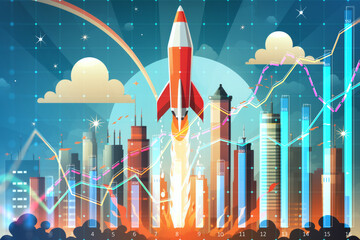 Aufkleber - Rocket soaring on financial graph, city skyline backdrop, Generative AI