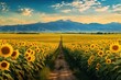aerial view of the road going through sunflower field with distant mountains summer autumn landscape