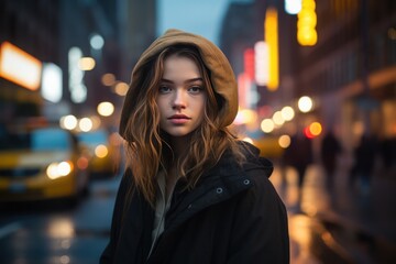 young caucasian woman wearing hood in a city downtown at night with lights bokeh  in autumn or winter