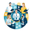 The team. Employees, staff and the leader. Business illustration of a team and boss in circle shape