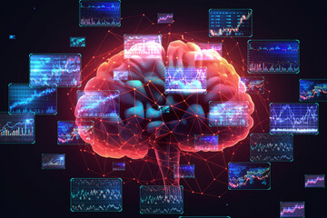Aufkleber - Brain network with interconnected stock data panels. Generative AI