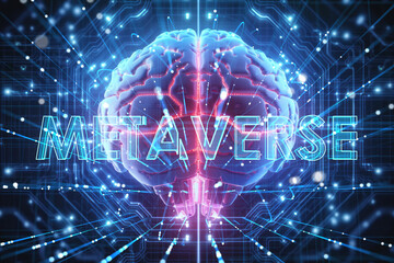 Poster - Digital brain concept with metaverse projection. Generative AI