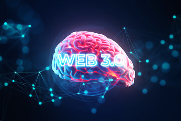 Poster - Neon brain with Web 3.0 concept on dark background, Generative AI
