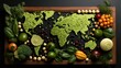 Healthy food and World map made of vegetables and herbs on dark background