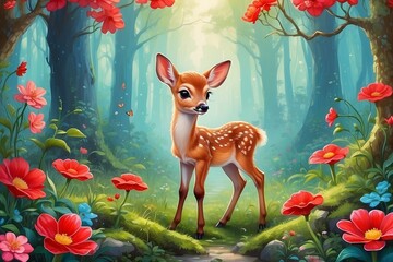 baby deer in a beautiful forest