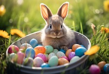 Rabbit In A Bucket Near Easter Eggs In The Grass, Soft Focus Lens, Colorized, Cute And Colorful