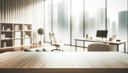 Poster - Wooden tabletop in modern office interior with city view. Mock up. Generative AI