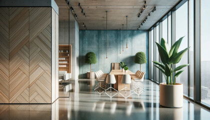 Poster - Interior of modern office room with gray and wooden walls, concrete floor, panoramic windows and armchairs. Generative AI