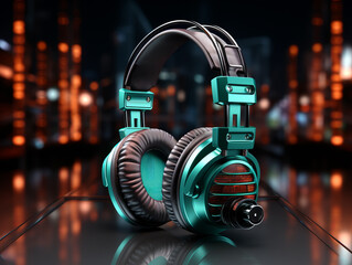 Aufkleber - High tech headphones with neon city reflections. Generative AI