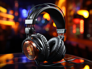 Aufkleber - Sleek headphones with vibrant city nightlife backdrop. Generative AI