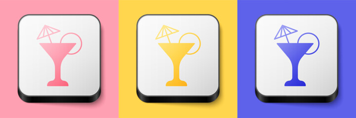 Poster - Isometric Martini glass icon isolated on pink, yellow and blue background. Cocktail icon. Wine glass icon. Square button. Vector