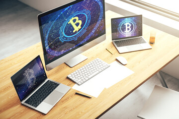 Poster - Modern computer monitor with creative Bitcoin symbol. Cryptocurrency concept. 3D Rendering