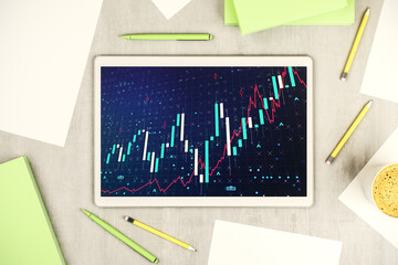 Aufkleber - Digital tablet with abstract financial graph, finance and trading concept. Top view. 3D Rendering