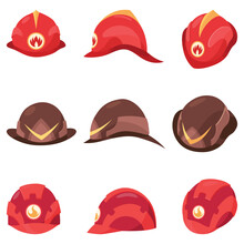 Fireman Helmets Icon Set With Front And Side View. Hats Of Firefighter With Metal Emblems Or Logo, Red And Brown Fireman Cups, Uniform Headwear. Vector Illustrations Isolated On White