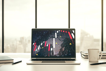 Aufkleber - Abstract creative financial graph with world map on modern laptop screen, forex and investment concept. 3D Rendering
