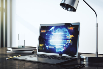 Aufkleber - Modern computer display with abstract programming language hologram and world map, artificial intelligence and neural networks concept. 3D Rendering