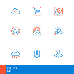 Sticker - Set line Rooster weather vane, Thermometer, Cloud with snow, Satellite, Moon, Rainbow cloud, Water drop percentage and Wind icon. Vector