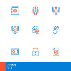 Poster - Set line Contract with shield, Lock, Safe, Bomb, Shield check mark, House under protection, security lock and Fingerprint icon. Vector