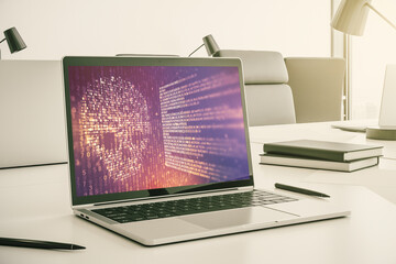 Poster - Creative concept of code skull illustration on modern laptop screen. Hacking and phishing concept. 3D Rendering