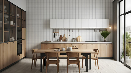 White tile and wooden kitchen with dining table