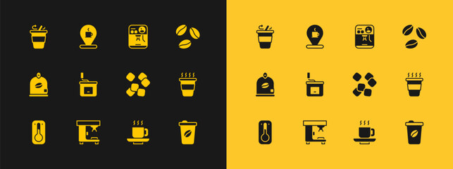 Sticker - Set Coffee beans, machine, Sugar cubes, cup, Manual coffee grinder, to go and Location with icon. Vector