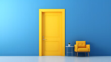 Yellow Door On A Blue Background Abstract Interior.