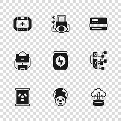 Poster - Set Planet earth and radiation, Humanoid robot, Network cloud connection, Energy drink, Credit card, First aid kit, Cyber security and Cloud database icon. Vector