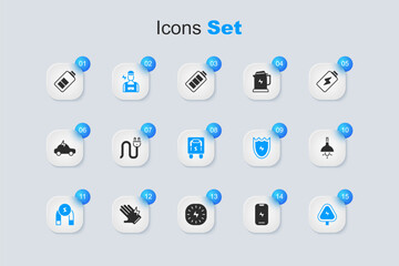 Poster - Set Mobile phone, Electric plug, Electrician, Magnet, High voltage, Lamp hanging, Battery charge and Electrical panel icon. Vector