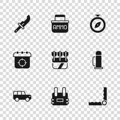 Sticker - Set Bulletproof vest, Thermos container, Trap hunting, Quiver with arrows, Compass, Hunter knife, Ammunition box and Target sport icon. Vector