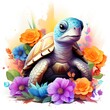 Tiny Turtle and Colorful Flowers Clipart 
