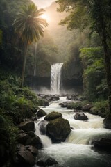 Poster - A beautiful waterfall with a mountain river in the wild in a forest with tall palm trees and trees at sunset or dawn. Nature, travel, sightseeing concepts