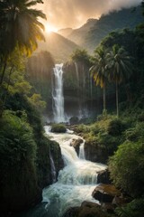 Poster - A beautiful waterfall in the wild in a forest with tall palm trees and trees at sunset or dawn